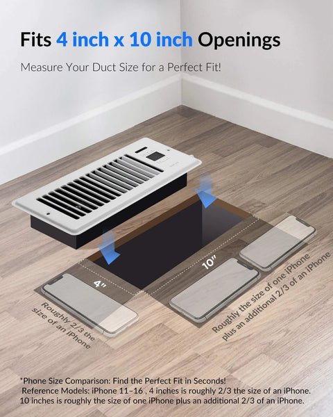Smart Register Vent Fan For 4 By 10 Inch Register Holes With Ultra Quiet Operation Dual Intelligent Thermostat And WiFi App Control Heating And Cooling HVAC Airflow Booster Eliminates Cold Or Hot Spots Energy Saving Comfort White installed in floor vent opening