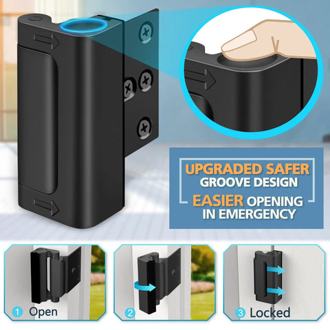 Reinforced door lock designed for inward swinging doors featuring a rugged 3 inch stop plate and eight screw mounting, secured on door