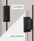 Reinforced door lock designed for inward swinging doors featuring a rugged 3 inch stop plate and eight screw mounting, shown locked and unlocked