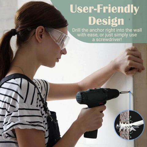 Woman using drill with Reinforced Nylon 66 Drywall Anchors 90lb Limit, Self Drilling Value Pack for Home Projects and Picture Hanging