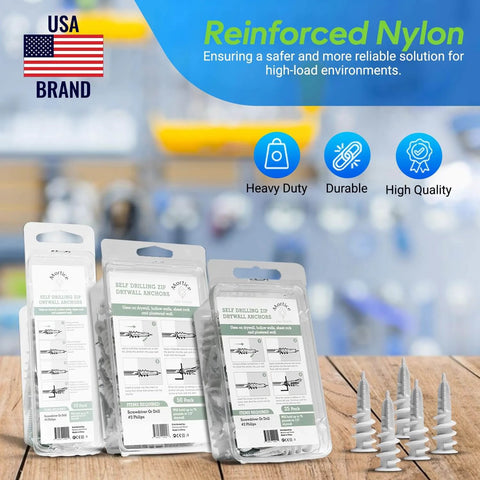 Reinforced Nylon 66 Drywall Anchors 90lb Limit, Self Drilling Value Pack for Home Projects on display with USA brand logo.