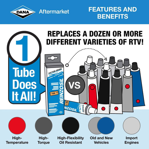 Reinzosil RTV Silicone Sealant Tube replaces various RTVs, features are high-temperature, high-torque, oil resistant.