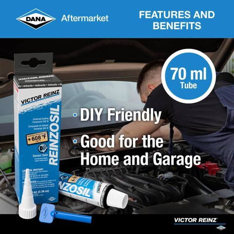 Reinzosil RTV Silicone Sealant Tube, 70 Ml, Universal Automotive Gasket Maker in engine bay, DIY friendly, box and nozzle visible
