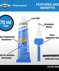 Image showing Reinzosil RTV Silicone Sealant Tube, 70 Ml, with features labeled including high temperature resistance, low odor, and anthracite color.