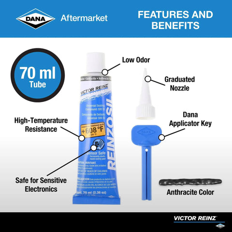 Image showing Reinzosil RTV Silicone Sealant Tube, 70 Ml, with features labeled including high temperature resistance, low odor, and anthracite color.