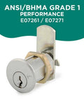 Rekeyable Cam Lock With 1.75 Inch Cylinder KD Keyed Different US26D Chrome Cabinet Lock Grade 1 Security, shown installed with cam.