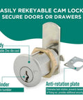 Rekeyable Cam Lock With 1.75 Inch Cylinder KD Keyed Different US26D Chrome Cabinet Lock Grade 1 Security Reversible For Doors And Drawers With Dual Cam Options, showing zinc die-cast body and anti-rotation plate.