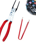 Relay Puller Pliers and Fuse Puller Tool for Cars and Trucks with red handles, shown alongside a close-up of a fuse box.