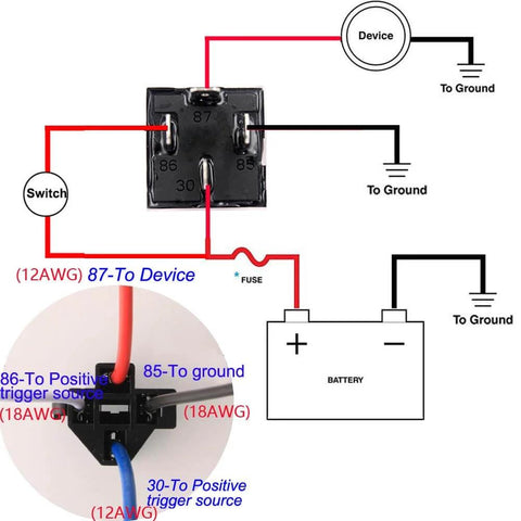 Car Relay Harness 12V 40A SPST 4 Pin With Built In Diode 12AWG Wiring diagram showing connections to device, switch, and battery