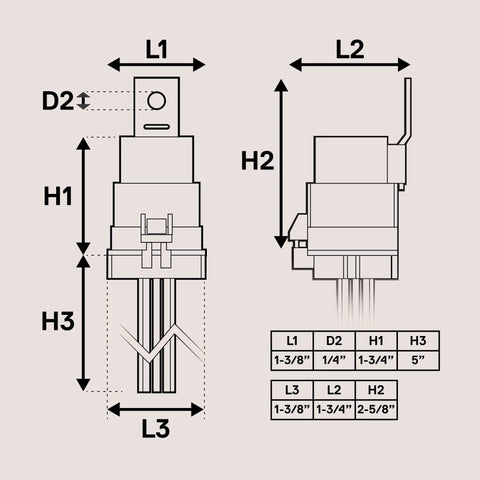 Diagram showing dimensions of Waterproof 5 Pin Bosch Style 12V Relay Kit With Harness Socket And 12 AWG Wires SPDT 30 40 Amp.