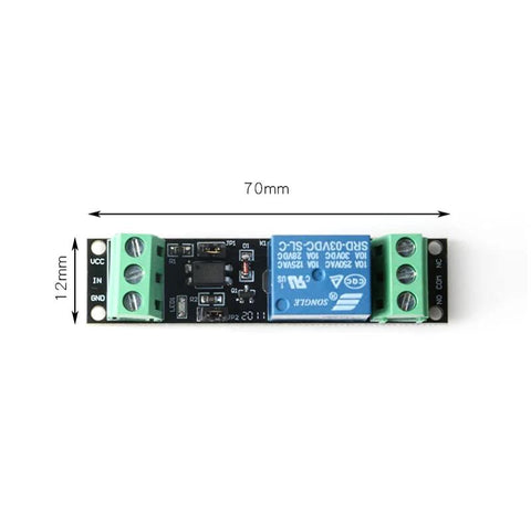 Top view of Five Pack One Channel DC 3V/3.3V Relay Module with Optocoupler Isolation, Isolated Drive Control Board, size 70mm x 12mm