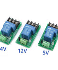 Two Pack 5V Relay Module 30A One Channel With Optocoupler Isolation And High And Low Trigger Built For 5V 12V 24V Power Easy Terminal Connectors Your Go-To Microcontroller Projects And DIY Electronics Setup showing three modules with voltage labels