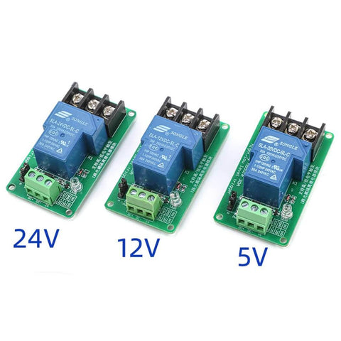 Two Pack 5V Relay Module 30A One Channel With Optocoupler Isolation And High And Low Trigger Built For 5V 12V 24V Power Easy Terminal Connectors Your Go-To Microcontroller Projects And DIY Electronics Setup showing three modules with voltage labels