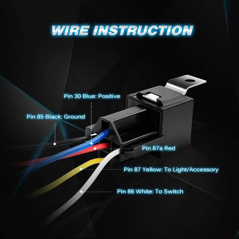 Diagram showing interlocking 5 Pin SPDT relay socket and wiring harness set for 12V automotive use, wire instructions labeled.