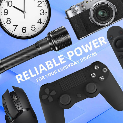 Devices powered by AA And AAA Battery Combo Pack 80 Count 1.5V Carbon Zinc High Energy Batteries, including flashlight and game controller.