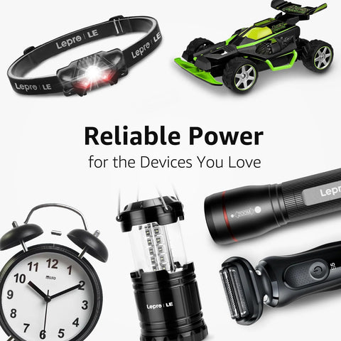 AA And AAA Alkaline Battery Pack 24 Count 2800mAh Non Rechargeable powering electronics like clock, flashlight, and shaver