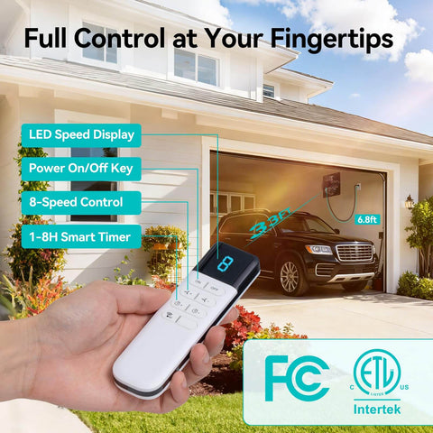 Hand holding remote for Shutter Exhaust Fan With Remote Control For Garage Shop Greenhouse Attic, 1250 CFM, 8 Speed EC Motor, Timer