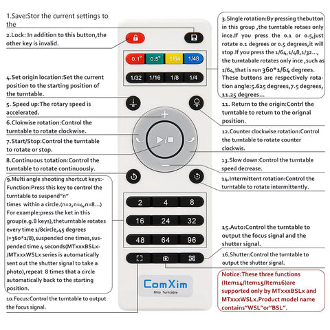 Remote control for 32cm Motorized Rotating Platform With 350lbs Capacity For Photography And Display, showing buttons and instructions.