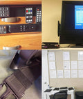 Collage of four images showing remote controls, a TV screen, a buckle strap with hook and loop tape, and documents on a wall.