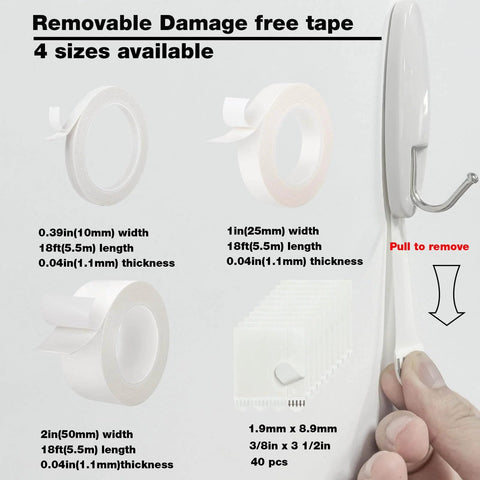 Heavy Duty Removable Double Sided Tape 40 Pack For Picture Hanging Strips Damage Free Mounting Tape Wall Adhesive For Posters Rugs Carpets Art Crafts Scrapbooks And Projects displayed with different sizes and thicknesses, showing adhesive in action on a wall.