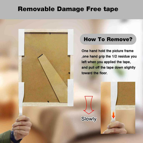 Instructional image showing the use of Heavy Duty Removable Double Sided Tape 40 Pack For Picture Hanging Strips Damage Free Mounting Tape Wall Adhesive For Posters Rugs Carpets Art Crafts Scrapbooks And Projects on a frame