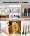 Heavy Duty Removable Double Sided Tape 40 Pack For Picture Hanging Strips Damage Free Mounting Tape Wall Adhesive For Posters Rugs Carpets Art Crafts Scrapbooks And Projects, shown in various uses including picture hanging, poster mounting, and hooks mounting.