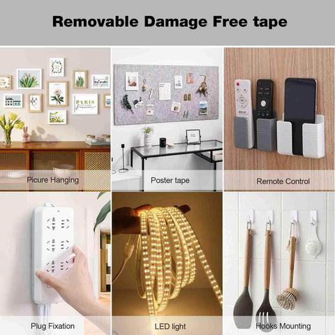 Heavy Duty Removable Double Sided Tape 40 Pack For Picture Hanging Strips Damage Free Mounting Tape Wall Adhesive For Posters Rugs Carpets Art Crafts Scrapbooks And Projects, shown in various uses including picture hanging, poster mounting, and hooks mounting.