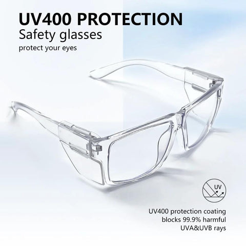 Removable Side Shield Safety Glasses With UV400 Anti Fog Lenses For Work shown with clear frames and detachable side shields.