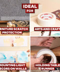 Clear Double Sided Tape Removable 1.5 Inch By 30 Yards used for crafts, wall decor, scratch protection, and table runner holding.