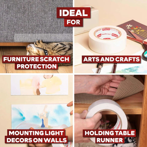 Clear Double Sided Tape Removable 1.5 Inch By 30 Yards used for crafts, wall decor, scratch protection, and table runner holding.