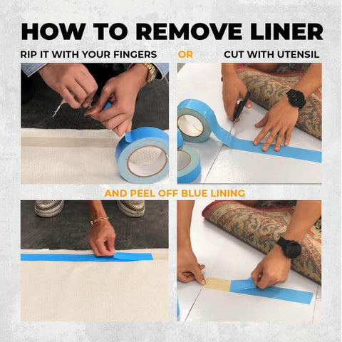 Demonstration of applying Heavy Duty Double Sided Carpet Tape 2 Inch By 25 Feet Keeps Rugs In Place Indoors And Outdoors Non Slip