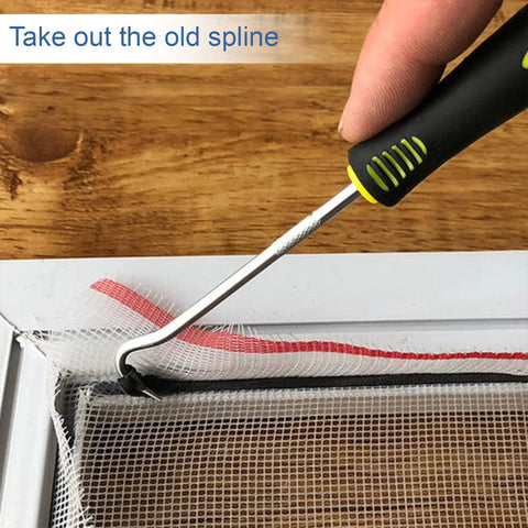 Tool removing old spline from window frame before inserting 0.125 Inch Window Screen Spline 100 Foot Replacement Round Black Retainer For Window Repair.