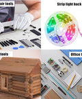 Collage of tools: repair tools for electronics, colorful LED strip light, DIY wooden house kit, and office supplies with notebooks.