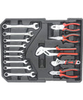 Set of wrenches and pliers in tray from Beefed-Up All In One Large Capacity Repair Toolkit For Home Auto Garden And Handyman, Includes Emergency Car Fixes Plus Water, Electrical, And Woodworking Kits, Rolling Luggage Style Toolbox With Drawer Compartments For Easy Access On The Go Black.