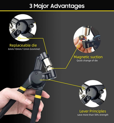 Hand holding tool with replaceable die and magnetic suction, showcasing 3 major advantages, 6mm/10mm/12mm grommet capacity.