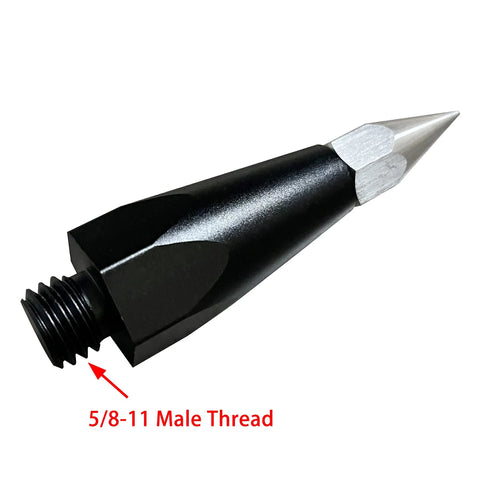 Close-up of Replaceable Sharp Prism Pole Tip 5/8 Inch Male Thread for GPS Carbon Fiber Poles with stainless steel tip.