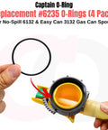 Replacement 6235 O-Rings for No-Spill Easy Can Gas Nozzle Assembly 4 Pack - Leak-Free Seal for Nozzle Upgrade Compatible With 6132 And 3132 Parts, showing an O-ring being held next to a gas nozzle spout