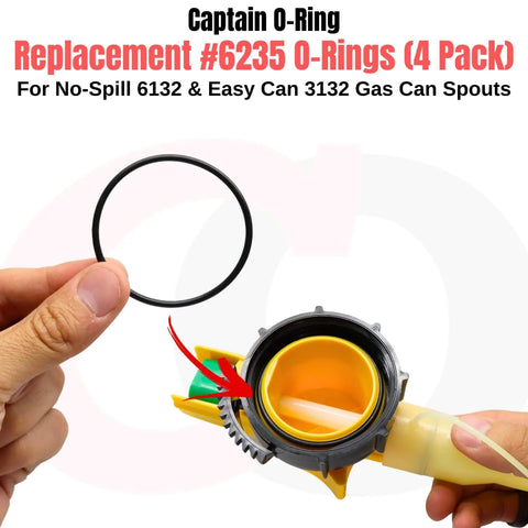 Replacement 6235 O-Rings for No-Spill Easy Can Gas Nozzle Assembly 4 Pack - Leak-Free Seal for Nozzle Upgrade Compatible With 6132 And 3132 Parts, showing an O-ring being held next to a gas nozzle spout