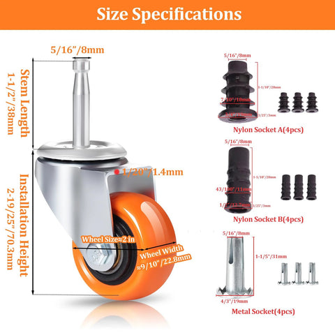 Replacement Casters Set Of 4 For Wet Dry Vacuums, 2 Inch Stem, 360 Degree Swivel Castor Wheels, Orange with Size Specifications