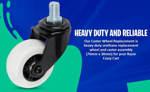 Premium Replacement Caster Wheel 76mm By 30mm For Razor Crazy Cart CC XL And DLX, heavy-duty urethane wheel with bolt, side view