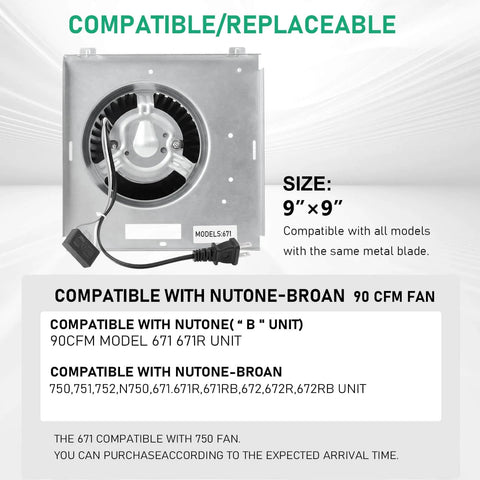Premium Replacement Exhaust Fan For Nutone 671 And 672 Series 9 Inch 3.5 Sones Model 671 672 Compatible With Broan 750 751 752