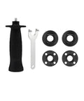 Replacement Plastic Angle Grinder Handle With 10mm Thread And 5 By 8 By 11 Shaft Spindle Nut For 100 Model Most Brands Angle Grinders Includes Wrench And Durable Ergonomic Grip For Secure Control And Long Lasting Use. Image shows plastic handle with wrench and spindle nuts.