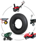 ✝️ 4.00-6 replacement inner tube, 2 pack with tr-13 valve stem, heavy duty, shown with various compatible garden equipment.