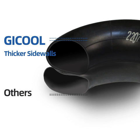 Close-up of 4.00-6 replacement inner tube, 2 pack with tr-13 valve stem, showing thicker sidewalls and comparison to others