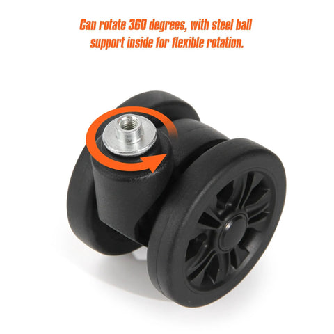 2 Pack Luggage Replacement Wheels Universal Suitcase Swivel Casters Rubber Wheels Repair Kit 55mm Diameter Durable Wear Resistant Load Bearing For Replacing Damaged Or Worn Out Luggage Wheels And Castors, showing close-up of black rubber wheel with 360-degree swivel mechanism and steel ball support on white background.
