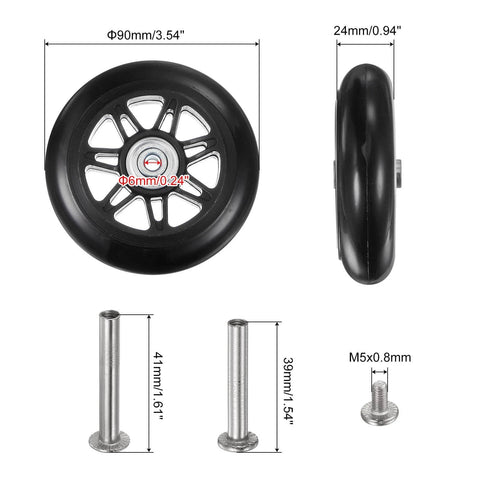 Replacement Luggage Wheels 90x24mm Suitcase Repair Kit with PU Bearing Wheels showing black wheel and metal axle screws.