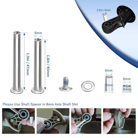 8 Pcs Luggage Wheels Replacement Kit with 2 Inch TPU Rubber Double Row Spinner Wheels includes bolts and spacers for repairs.