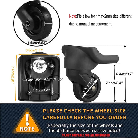 Replacement Luggage Wheel Repair Set with Spinner Casters Model W044 showing dimensions of 4 PVC wheels and mounting base.
