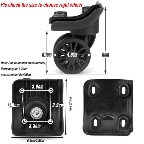 Replacement Luggage Wheel W149-2 Dual Spinner Wheels for Suitcase Repair showing dimensions and mounting details from various angles.