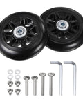 Replacement Luggage Wheels 90x24mm Suitcase Repair Kit with PU Bearing Wheels, screws, washers, and tools for travel gear.